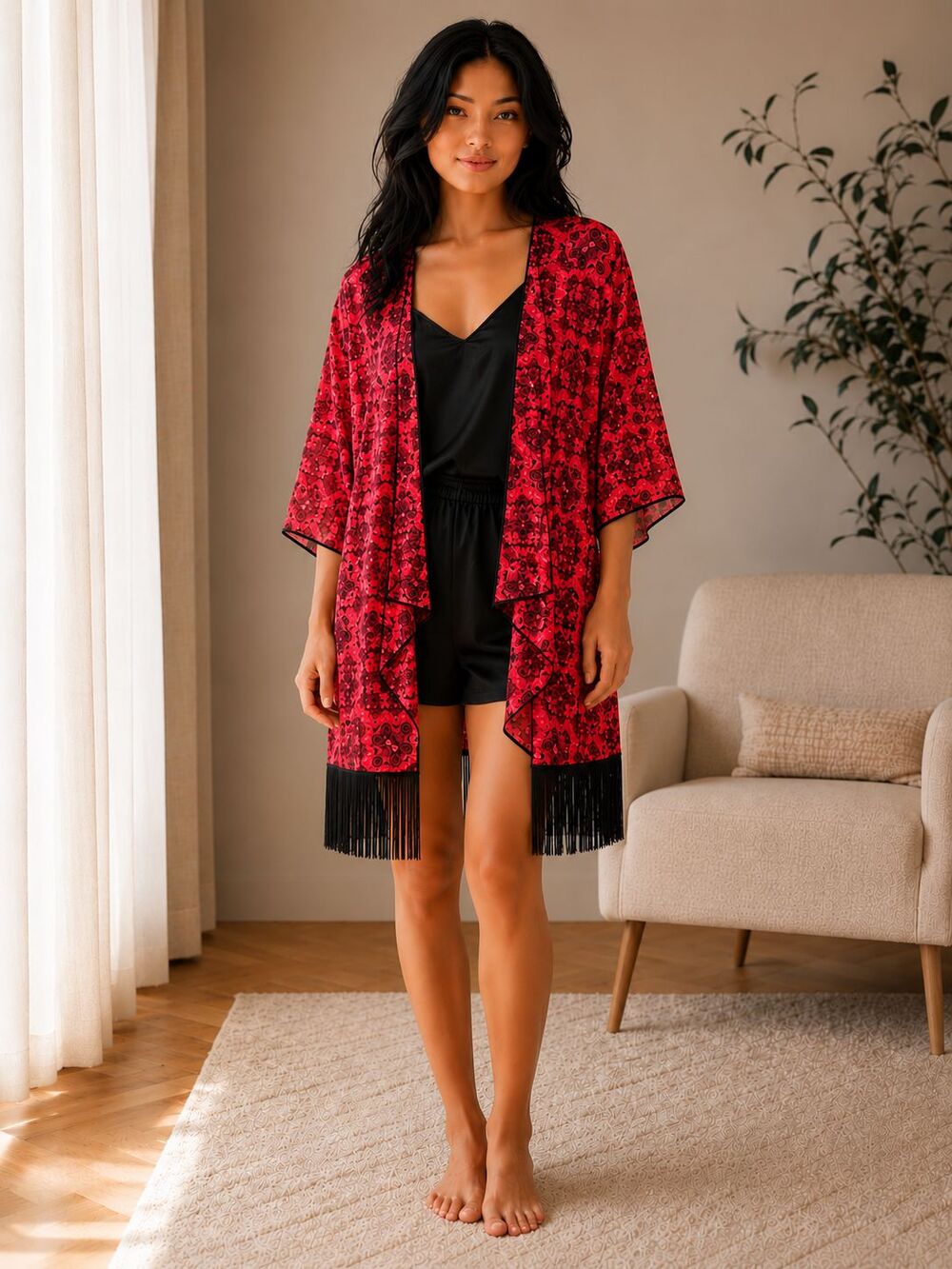 LuLaRoe S Kimono Cardigan Red Pink Black Geometric Fringe Sheer Open Front Boho